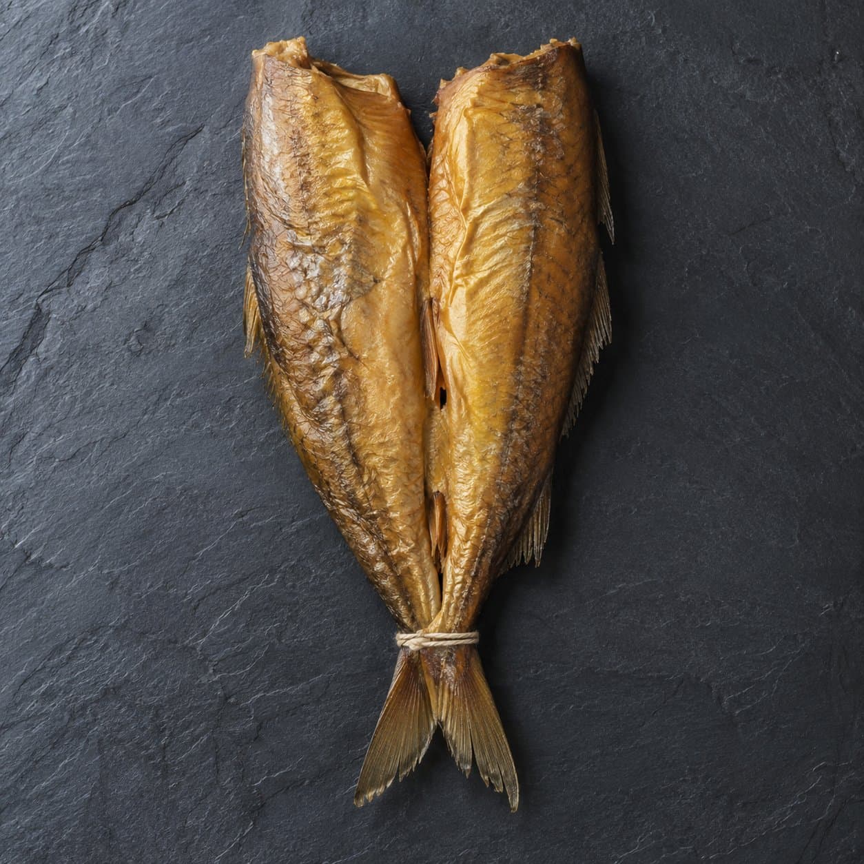 A pair of Arbroath smokies tied at the tail, on slate