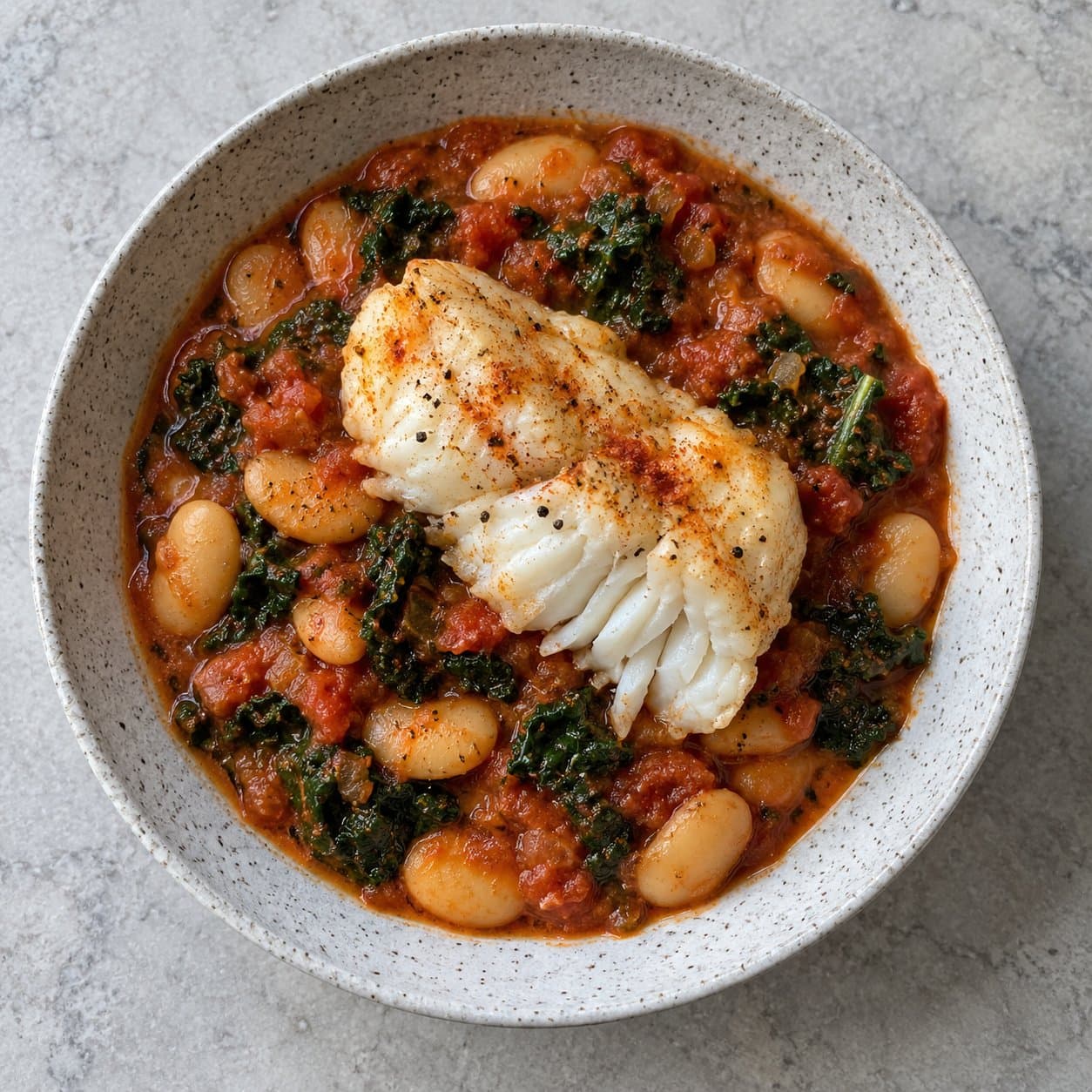 Cod on butter beans in tomato sauce with kale
