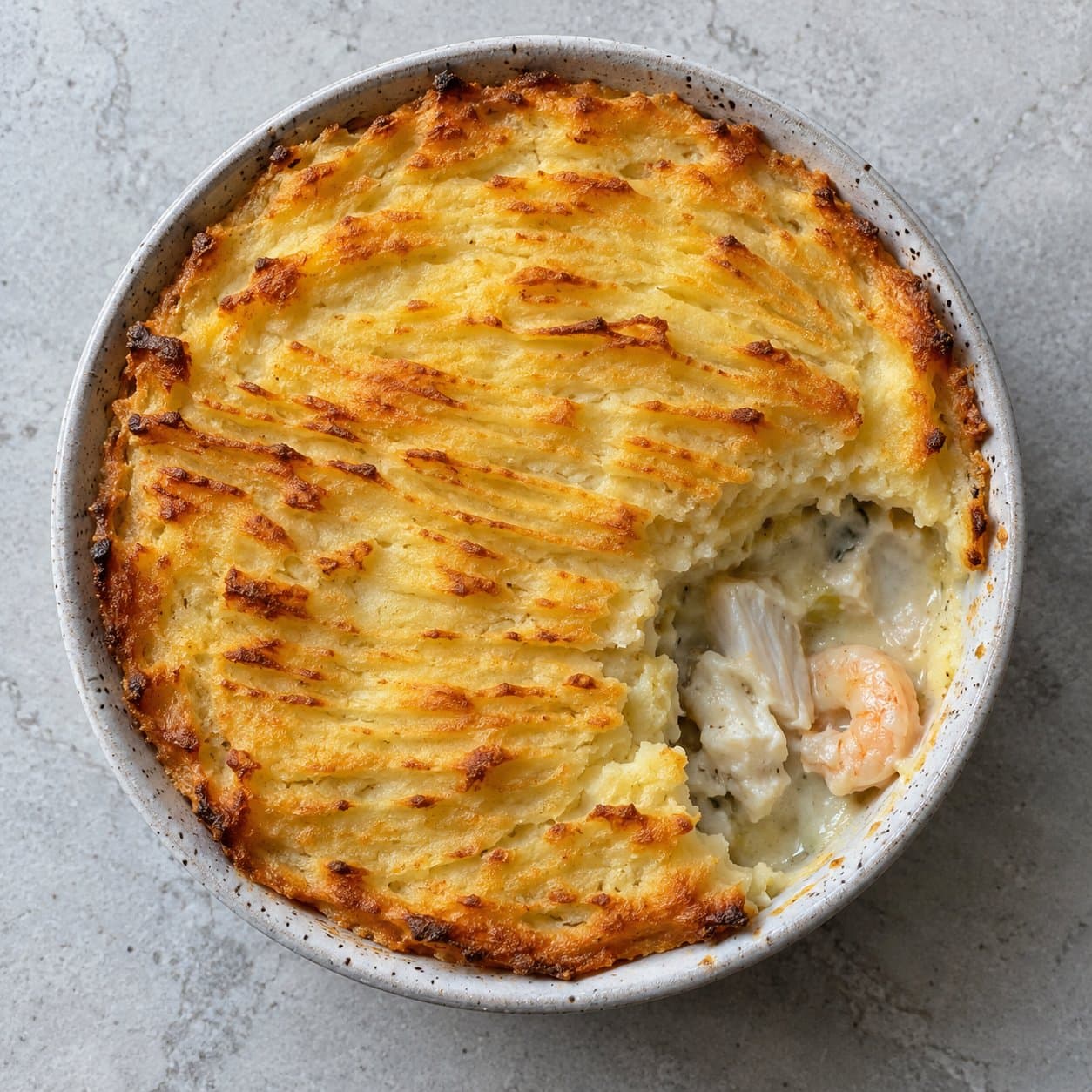 Fish pie with a golden mash top, one spoonful lifted out