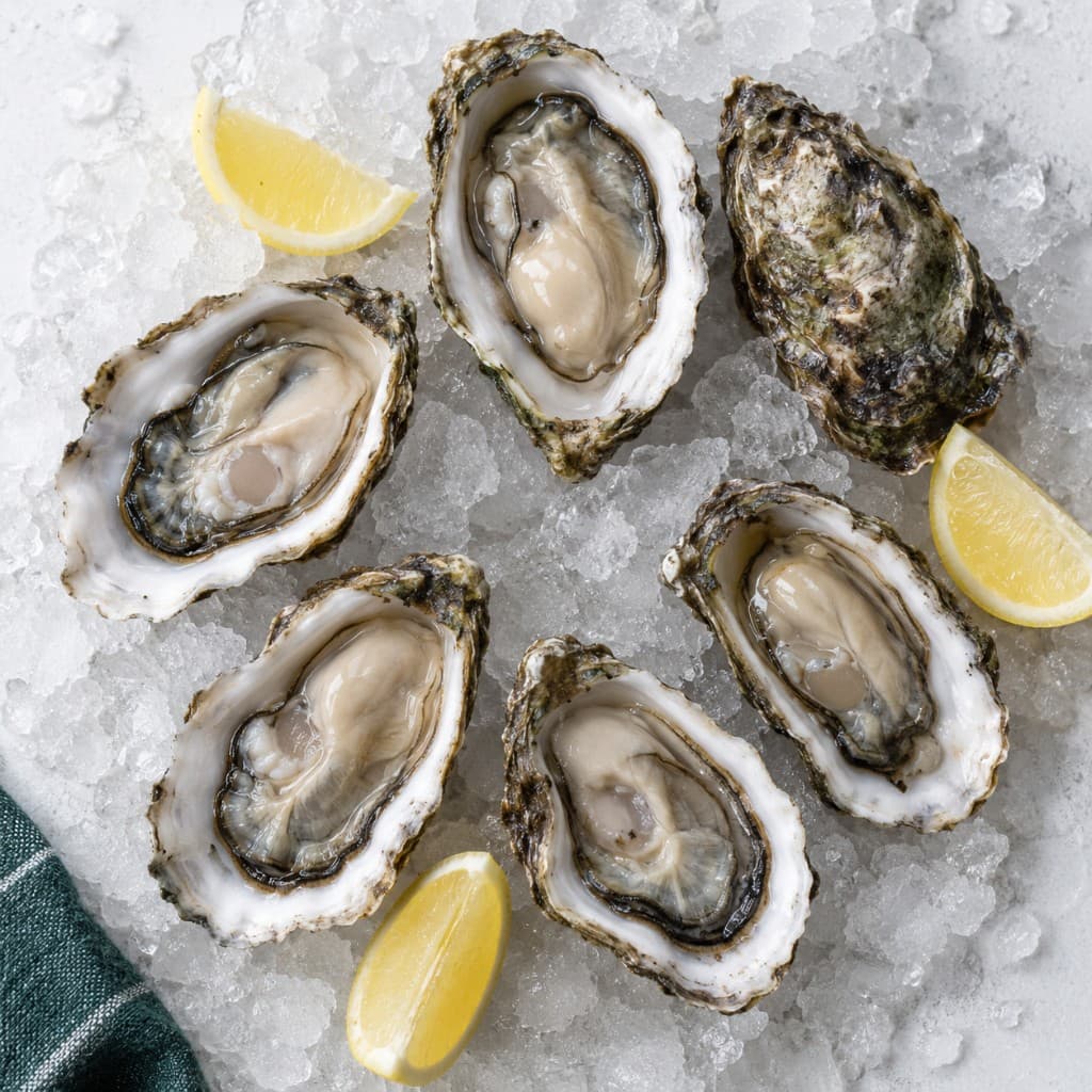 Rock oysters on crushed ice with lemon