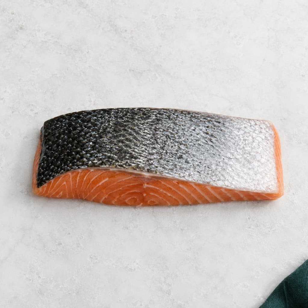 Raw salmon fillet on pale stone