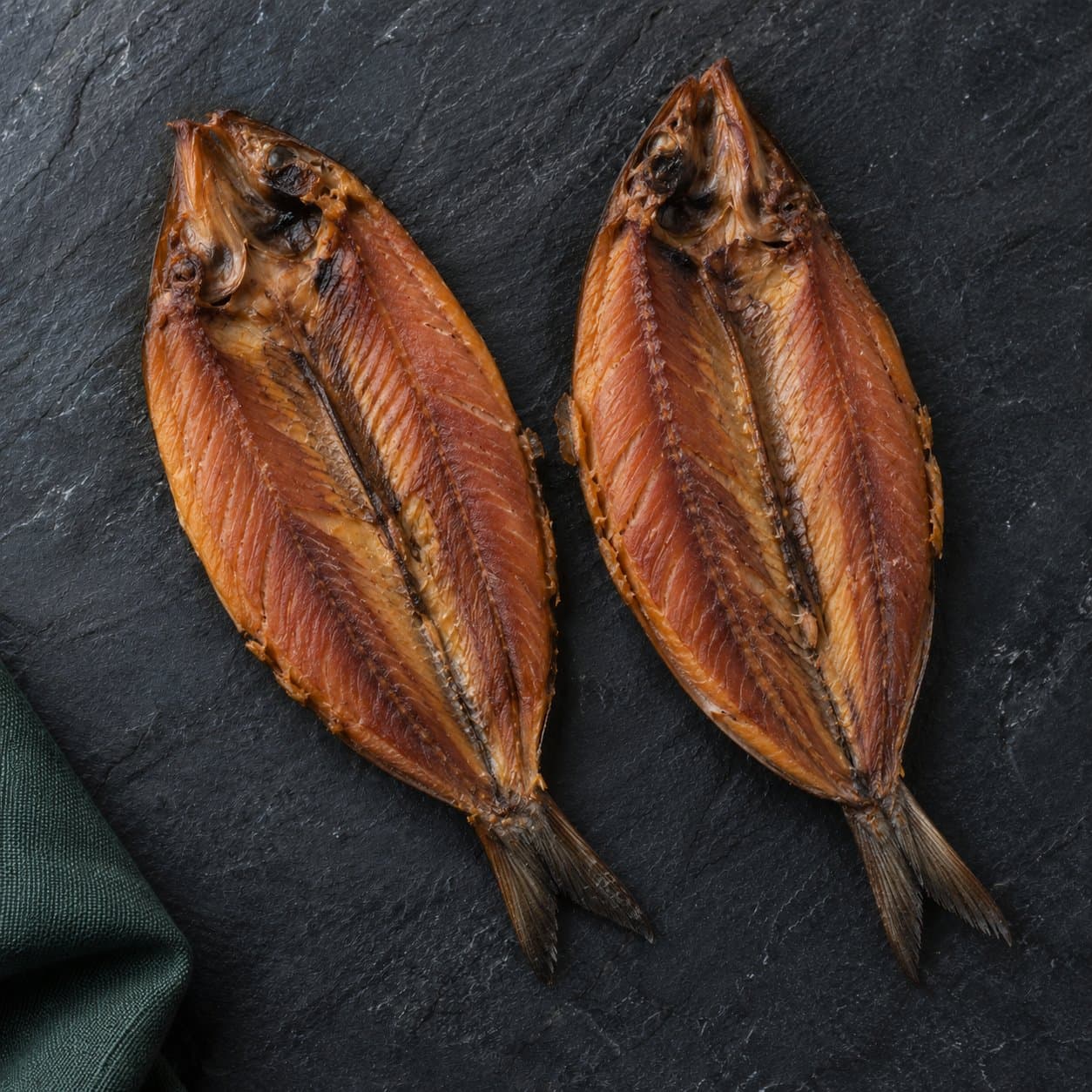 A pair of split kippers, flesh side up, on slate