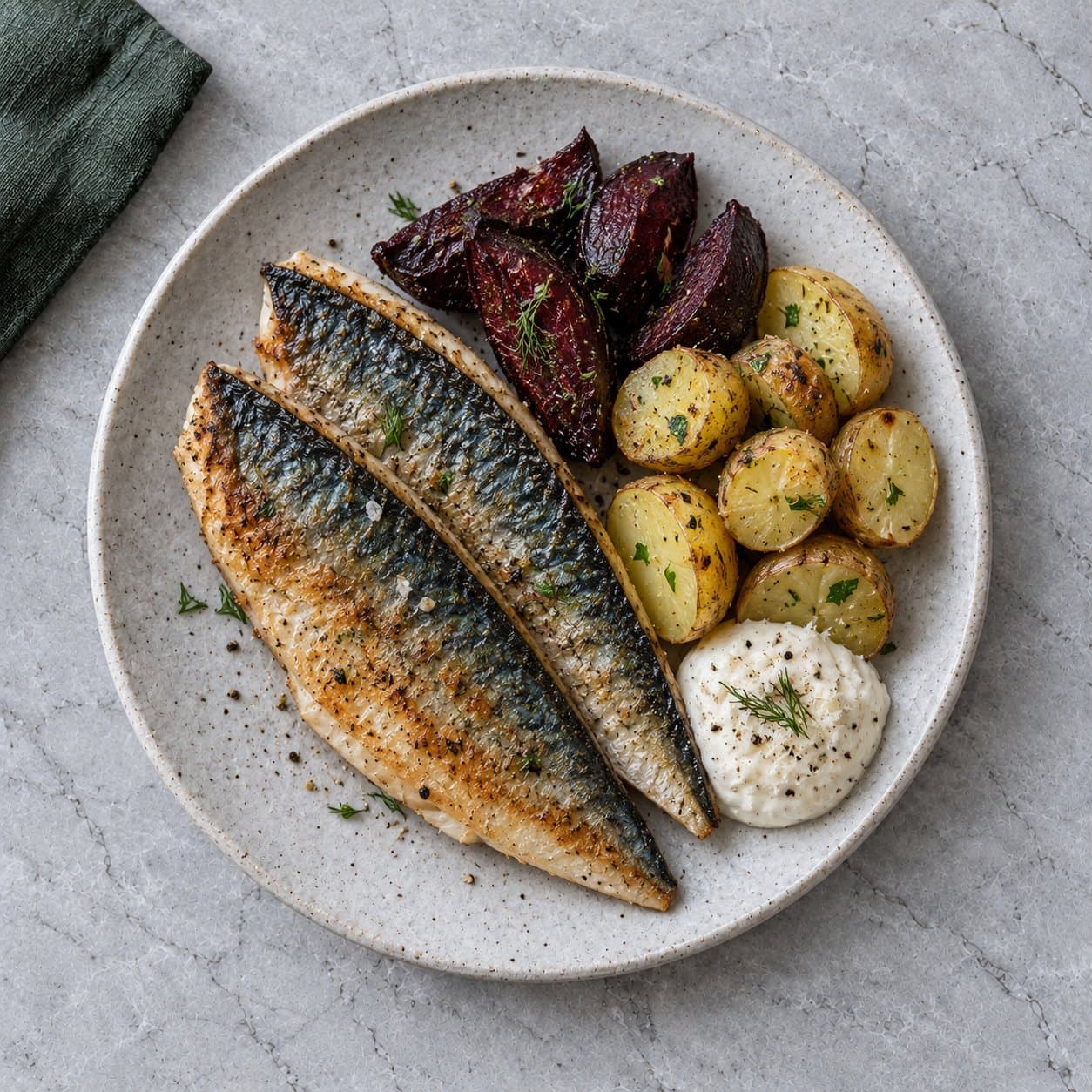 Pan-fried mackerel with beetroot, new potatoes and horseradish