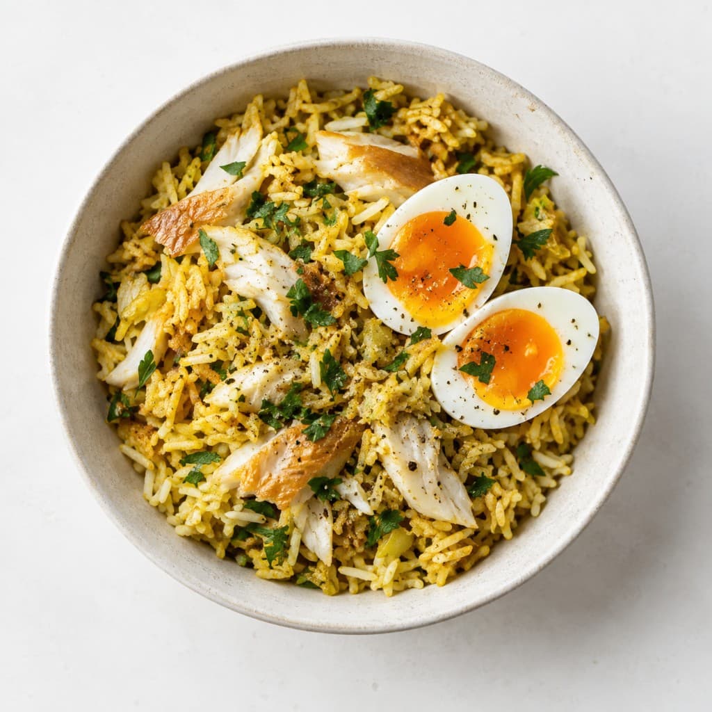 Kedgeree with soft eggs and parsley