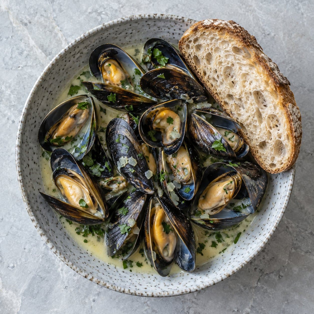 Mussels in a creamy white wine broth with sourdough