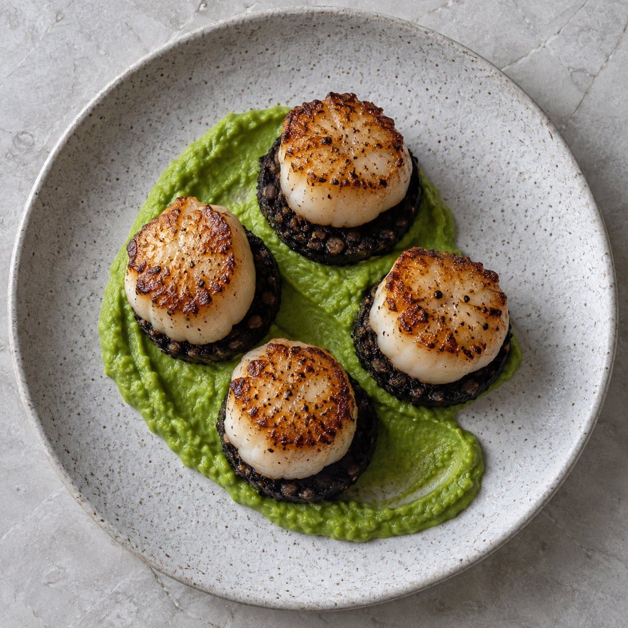 Four seared scallops on black pudding and pea purée