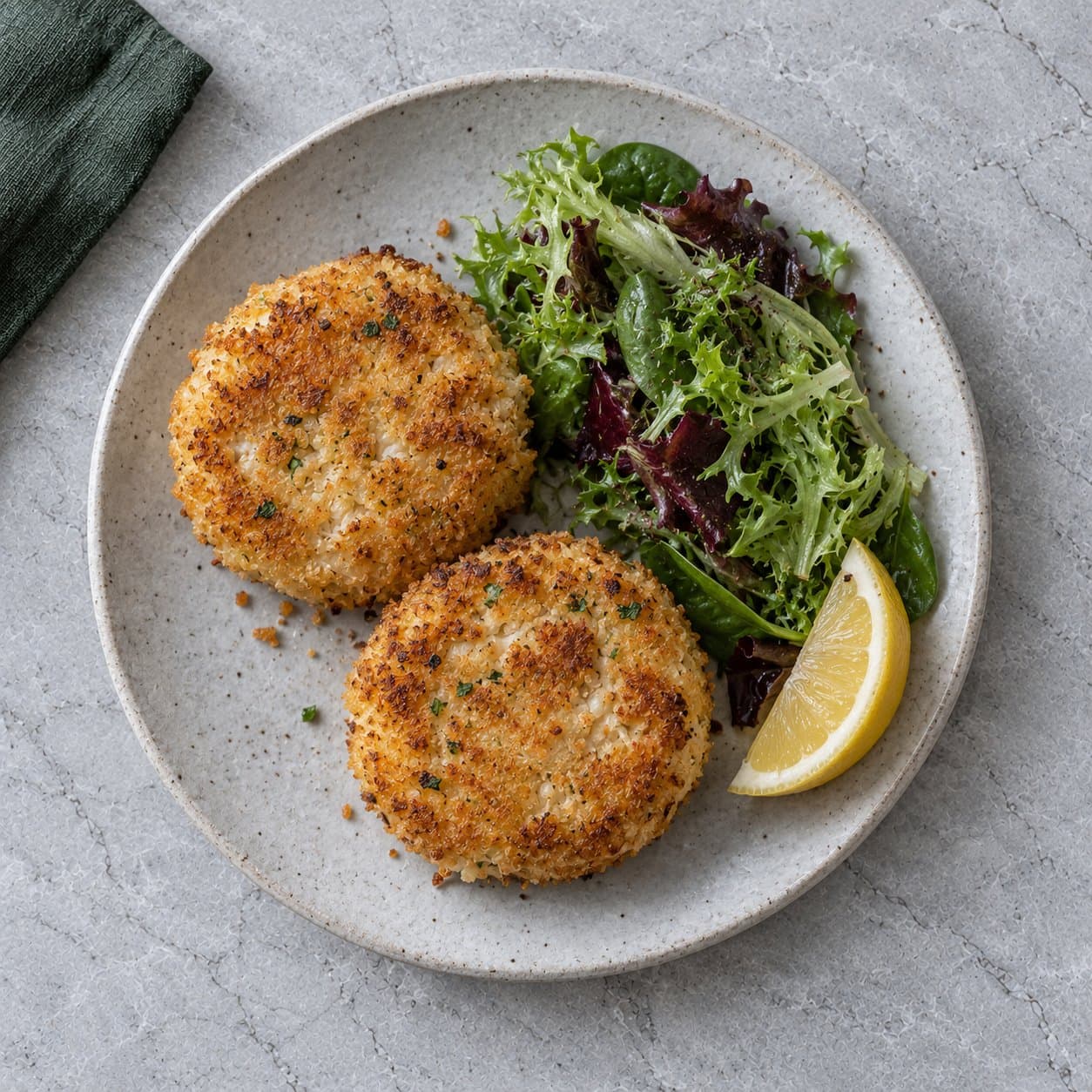 Two breaded fishcakes with salad leaves and lemon